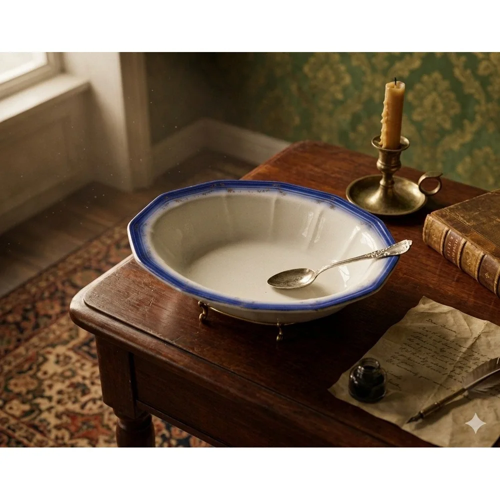 Antique Flow Blue Ironstone Oval‎ Serving Bowl Gold Floral Gilt Scalloped Rim